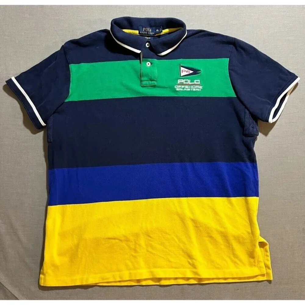 Ralph Lauren Polo Shirt Adult Extra Large Blue Yellow Striped Button Golfer Mens